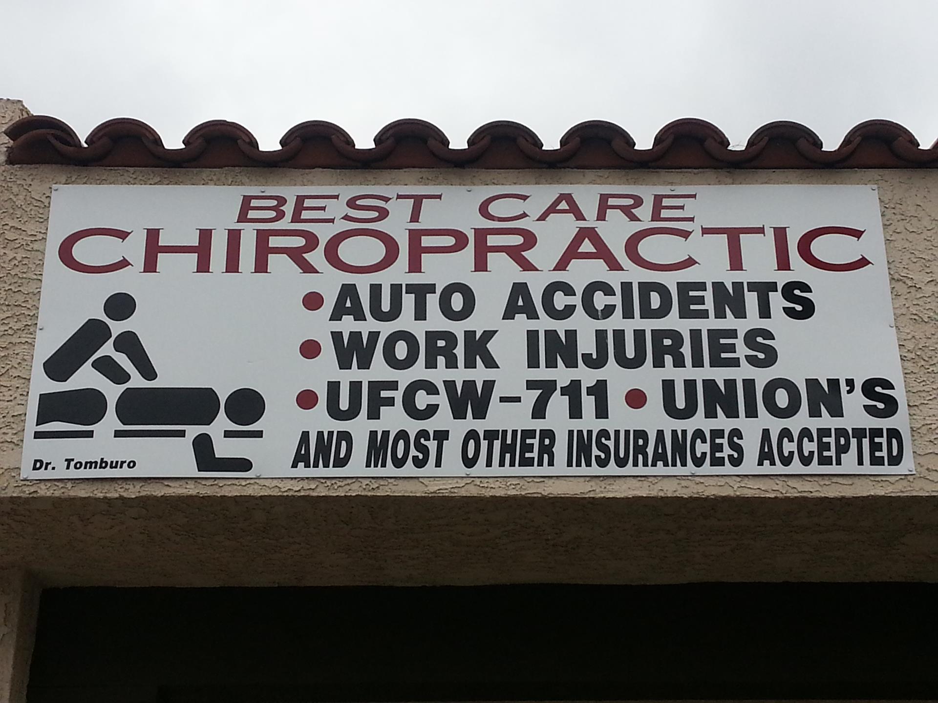 Best Care Chiropractic signage — auto accidents, work injuries, UFCW-711, most insurance accepted